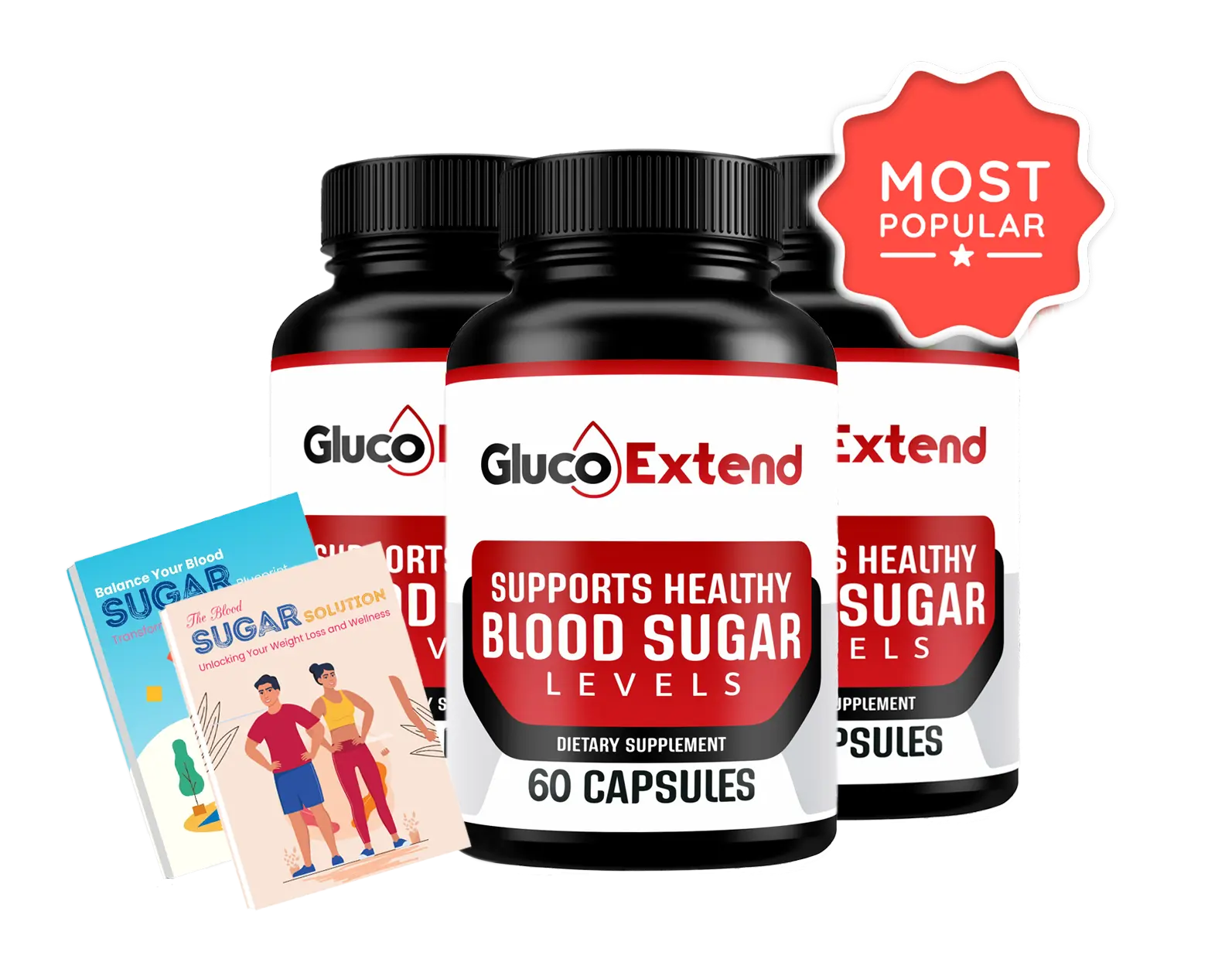 Gluco Extend 3-bottle package with bonus guides